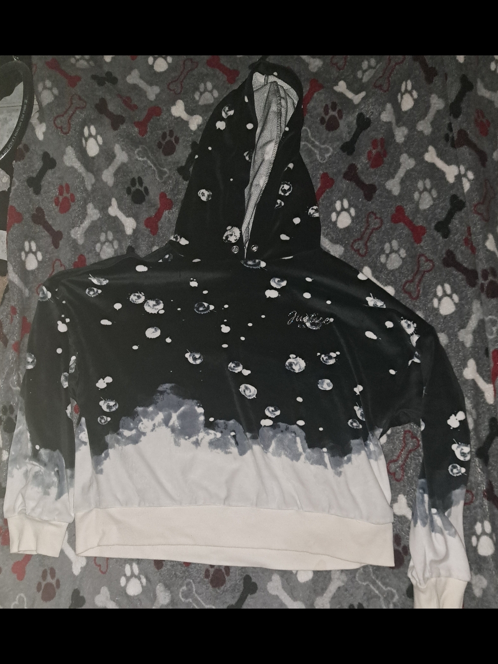 Justice Black and White Tie-Dye Hoodie with Polka Dot Heart Accents